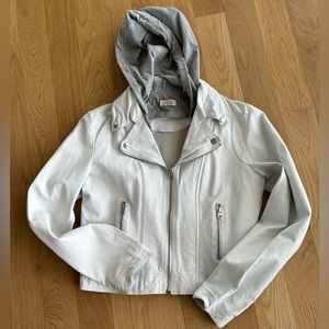 C’est Fini white leather hooded moto jacket with silver hardware Size L